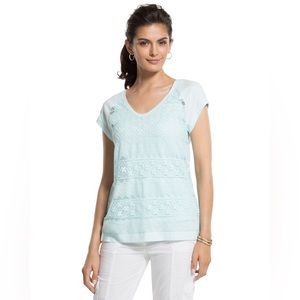 Chicos Top Pale Light Blue Short Sleeve Semi Sheet V Neck Lacey Pretty Size 2XL